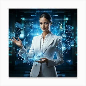 Cybernetic Advocate A Businesswoman Encapsulated In A Futuristic Suit Her Hand Garnished With Hol Canvas Print