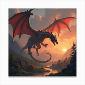 A Mighty Dragon Breathing Fire Over A Distant Village 1 Canvas Print