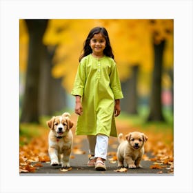 Little Girl With Puppies Canvas Print