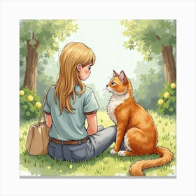 Gentle Norwegian Forest Cat Sitting With A Person In A Garden, Watercolor 1 Canvas Print