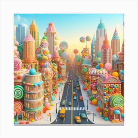 A city with buildings made of different, bright, colourful candies and looks like a wonderful candy land Canvas Print