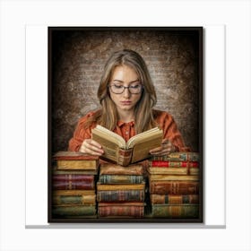 An evocative and vintage-style portrait of a book lover immersed in reading, surrounded by a collection of well-worn books. This nostalgic and intellectual portrait can appeal to those who appreciate literature and create a cozy reading nook ambiance for home decor. Canvas Print