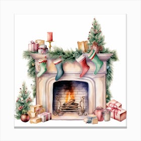 Christmas Fireplace, watercolor clipart 1 Canvas Print