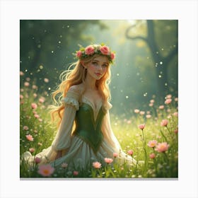 Elven Princess With A Crown Of Flowers In A Sparkling, Enchanted Meadow 1 Canvas Print