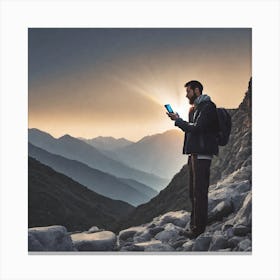 Man Using Smartphone In The Mountains Canvas Print