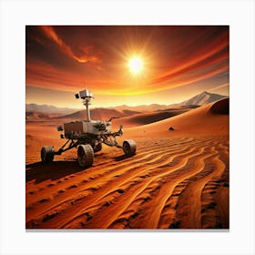 Vehicle on Mars exploring the red planet, with mountains in the background. Canvas Print