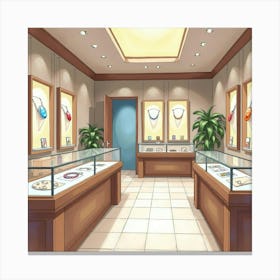 Elegant Jewelry Store In Watercolor, Featuring Sparkling Gemstones And Display Cases Canvas Print