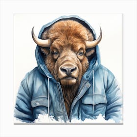 Watercolour Cartoon Bison In A Hoodie Canvas Print