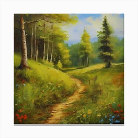 Path In The Woods.Canada's forests. Dirt path. Spring flowers. Forest trees. Artwork. Oil on canvas. 1 Canvas Print