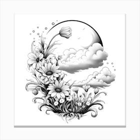 Moon And Flowers,A black and white drawing of flowers and clouds Canvas Print
