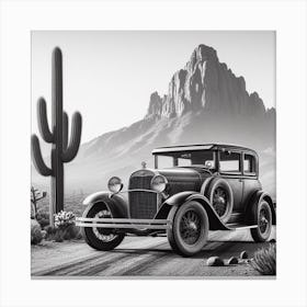 Retro Ride: A Cool and Chic Black and White Photograph of a Vintage Car on a Desert Road Canvas Print