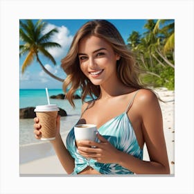 Beautiful Woman Drinking Coffee On The Beach Canvas Print