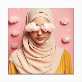 A beautiful young woman wearing a hijab and a dreamy expression on her face. She is surrounded by pink clouds and stars, and her eyes are closed. The image is full of peace and serenity, and it evokes a sense of wonder and mystery. The title of the artwork could be "A Dreamy Vision of a Beautiful Young Woman. Canvas Print