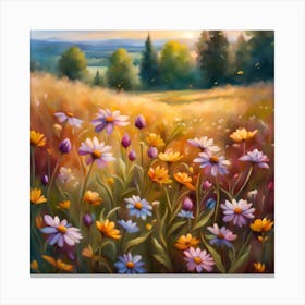 Printable Wildflower Field Landscape Oil Painting, Vintage Farm House, Country Field Landscape Oil Painting Printable Canvas Print