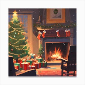 Christmas Presents Under Christmas Tree At Home Next To Fireplace Acrylic Painting Trending On Pix (6) Canvas Print
