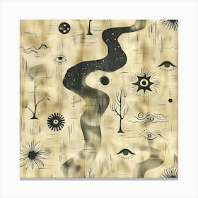 Abstract Beige Textile Design With River Eyes Stars And Trees Canvas Print