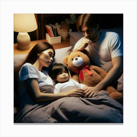 Family In Bed With Teddy Bear Canvas Print