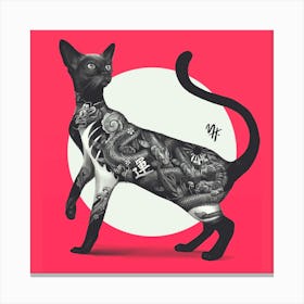 Japanese Cat Tattoo Red Square Canvas Print