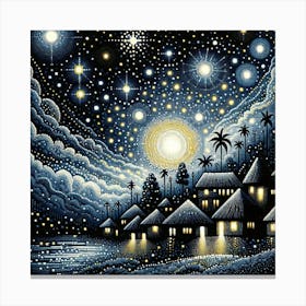 "Starry Night Retreat: Tropical Paradise"  Embark on a visual journey with "Starry Night Retreat," an enchanting digital art piece that brings a tropical paradise to life under a luminous star-filled sky. This artwork, crafted with a dotted technique, creates a sparkling effect that mirrors the tranquil beauty of a night illuminated by celestial lights. Ideal for adding a magical touch to your decor, this piece transports you to a serene, palm-fringed sanctuary where the cosmos and calm waters meet. Adorn your space with this radiant creation and bask in the perpetual twilight of this starry sanctuary. Canvas Print
