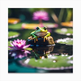 Green Frog with Waterlilies Canvas Print