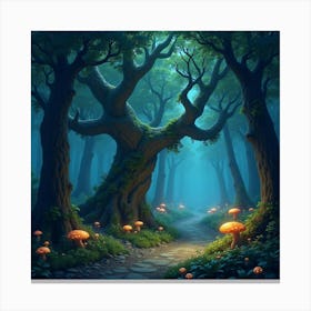 Enchanted Forest With Ancient Trees And Glowing Fungi 1 Canvas Print