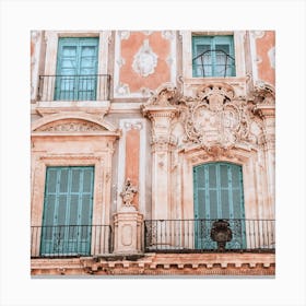 The Pink Building And The Blue Shutters Spain Travel Square Canvas Print