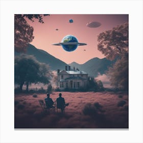 Make A Surreal Vintage Collage Of A Field With Planet Earth At The Center, A Couple Watching, Flying (13) Canvas Print