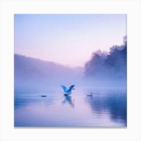 Swan Gliding Gracefully Wings Outstretched On A Mystical Lake Reflecting A Dusk Sky Pastel Gradi Canvas Print