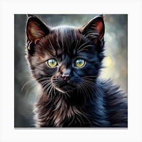 Black Kitten Digital Watercolor Portrait Canvas Print