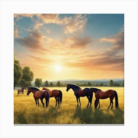 Horses In A Field At Sunset Canvas Print