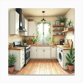 Beautifully Painted Kitchen In Watercolor, Serene And Warm 1 Canvas Print