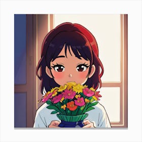 Anime Girl Holding Flowers 1 Canvas Print