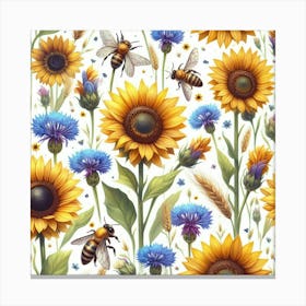 Sunflowers And Bees Pattern 1 Canvas Print