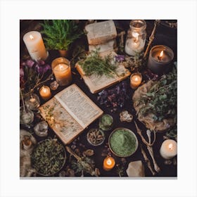 Spellbook and herbs Canvas Print