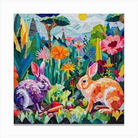 Rabbits Munching On Vegetables In The Field Kitsch Collage 1 Canvas Print