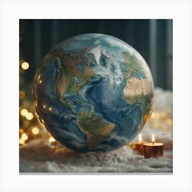 Earth Globe With Christmas Lights Canvas Print