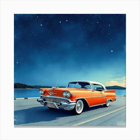 Classic Car Under A Starry Night Sky, Watercolor Painting 1 Canvas Print