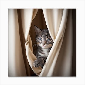 Kitten Peeking Out Of Curtains Canvas Print