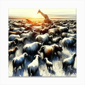 Giraffes And Sheep Canvas Print