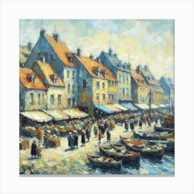 City And Market By The Sea, Acrylic Painting Style Canvas Print