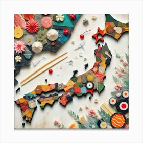 Mixed Media Japan: A Map of Japan with Origami, Chopsticks, and Other Elements Canvas Print
