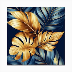 Gold Leaves On Blue Background Canvas Print