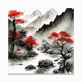Chinese Landscape Mountains Ink Painting (57) Canvas Print