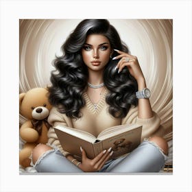 Girl Reading Teddy Bear Canvas Print