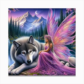 Fairy and the wolf by the lake  Canvas Print