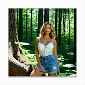 Beautiful Woman In Denim Shorts In The Forest Canvas Print