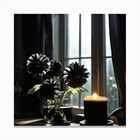 Black Flowers On The Window Sill Canvas Print