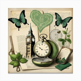 Antique Clock, Open Book, Colorful Butterfly, And Key On Table Canvas Print