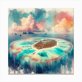 Ocean’s Embrace, An abstract piece in watercolors emphasizing on the circular embrace of the atoll around its central lagoon. This artwork would fit well in a dining room or a kitchen, where it can add some color and warmth to the space. 2 Canvas Print