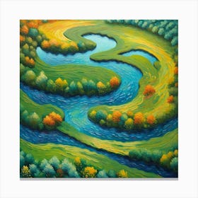 Lush Greenery by the River: View from the sky of a Vibrant Landscape Oil Painting wall art, masterpiece. Canvas Print
